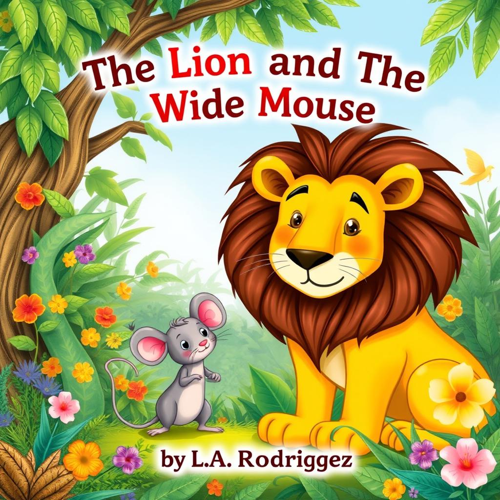 A whimsical illustration of a lion and a mouse in a lush jungle setting