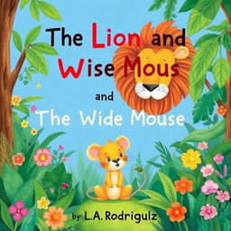 A whimsical illustration of a lion and a mouse in a lush jungle setting