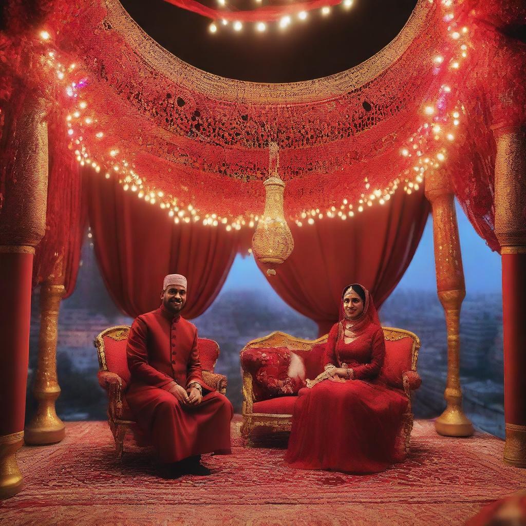 A red kosha on which a Muslim couple sits at their wedding in Cairo