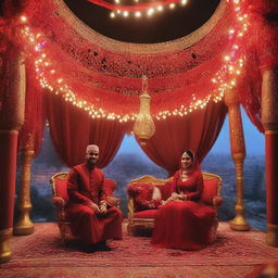 A red kosha on which a Muslim couple sits at their wedding in Cairo