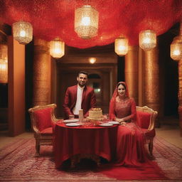 A red kosha on which a Muslim couple sits at their wedding in Cairo