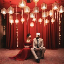 A red kosha on which a Muslim couple sits at their wedding in Cairo