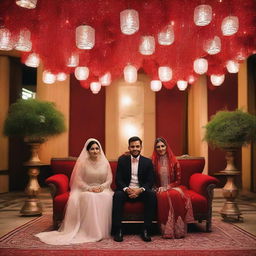 A red kosha on which a Muslim couple sits at their wedding in Cairo