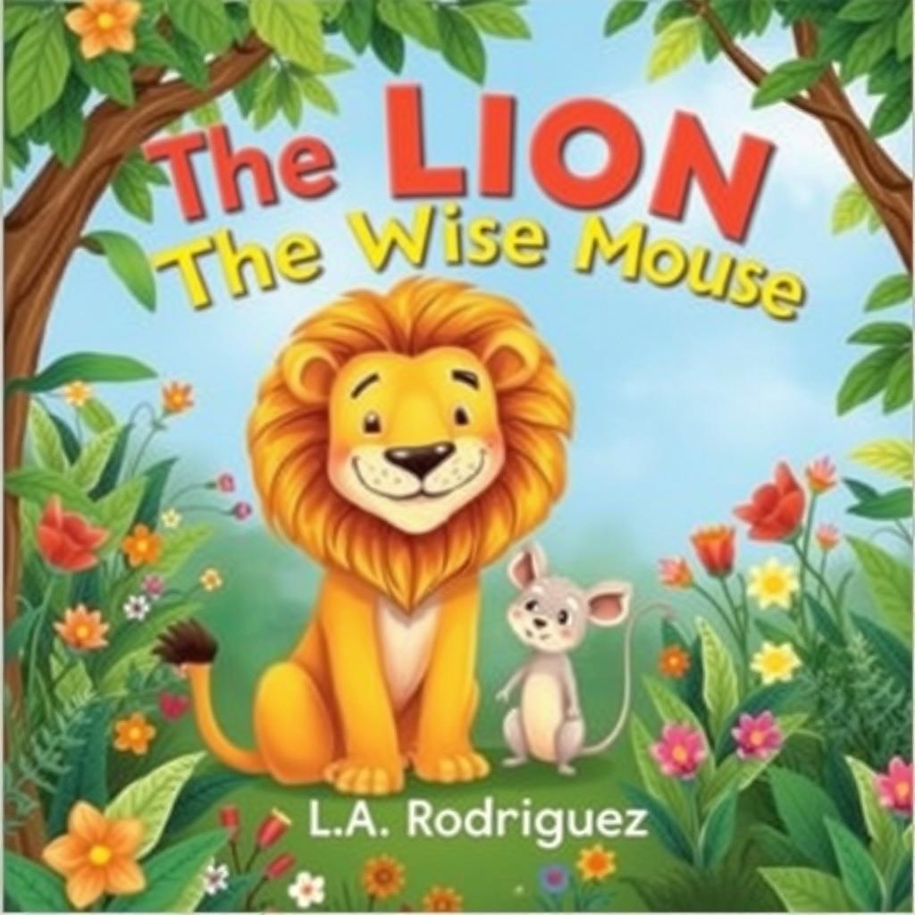 A whimsical book cover illustration featuring a lion and a mouse in a lush jungle setting