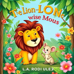 A whimsical book cover illustration featuring a lion and a mouse in a lush jungle setting