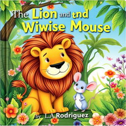 A whimsical book cover illustration featuring a lion and a mouse in a lush jungle setting