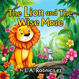 A whimsical book cover illustration featuring a lion and a mouse in a lush jungle setting