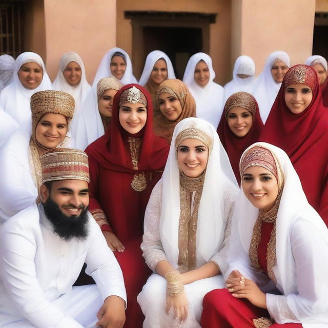 The red chair on which the newlyweds sit, with a brown groom and a veiled bride wearing a white dress and veil, looking at the camera