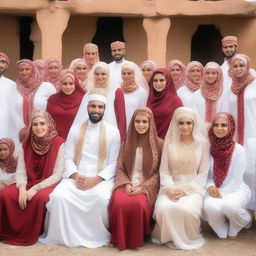 The red chair on which the newlyweds sit, with a brown groom and a veiled bride wearing a white dress and veil, looking at the camera