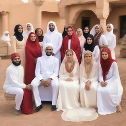 The red chair on which the newlyweds sit, with a brown groom and a veiled bride wearing a white dress and veil, looking at the camera