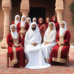 The red chair on which the newlyweds sit, with a brown groom and a veiled bride wearing a white dress and veil, looking at the camera