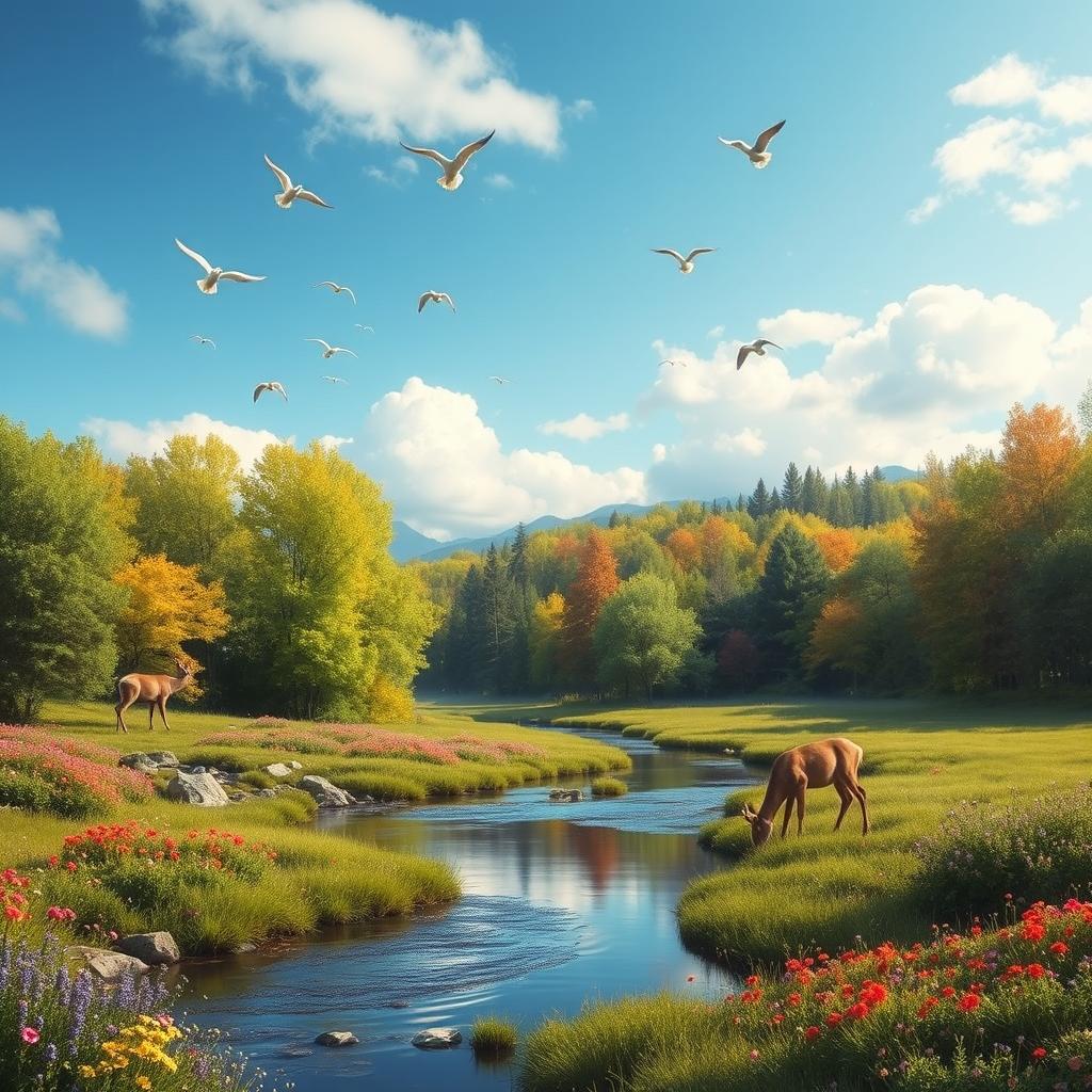 A serene landscape featuring a peaceful river flowing through a lush forest with vibrant green trees, colorful flowers, and a clear blue sky