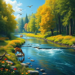 A serene landscape featuring a peaceful river flowing through a lush forest with vibrant green trees, colorful flowers, and a clear blue sky