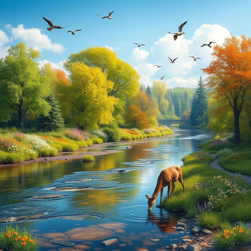 A serene landscape featuring a peaceful river flowing through a lush forest with vibrant green trees, colorful flowers, and a clear blue sky