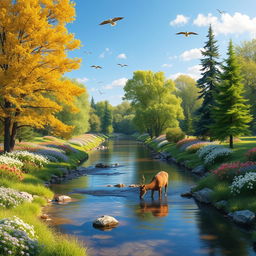 A serene landscape featuring a peaceful river flowing through a lush forest with vibrant green trees, colorful flowers, and a clear blue sky