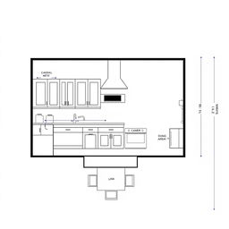 Create a detailed floor plan of a kitchen, including cabinets, countertops, appliances, sink, and dining area