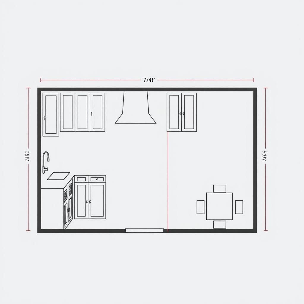 Create a detailed floor plan of a kitchen, including cabinets, countertops, appliances, sink, and dining area