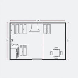 Create a detailed floor plan of a kitchen, including cabinets, countertops, appliances, sink, and dining area