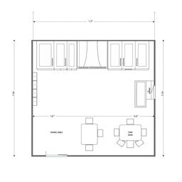 Create a detailed floor plan of a kitchen, including cabinets, countertops, appliances, sink, and dining area