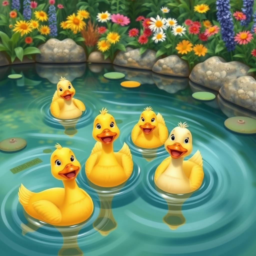 A cheerful scene with happy ducks swimming in a clear pond surrounded by lush greenery and colorful flowers