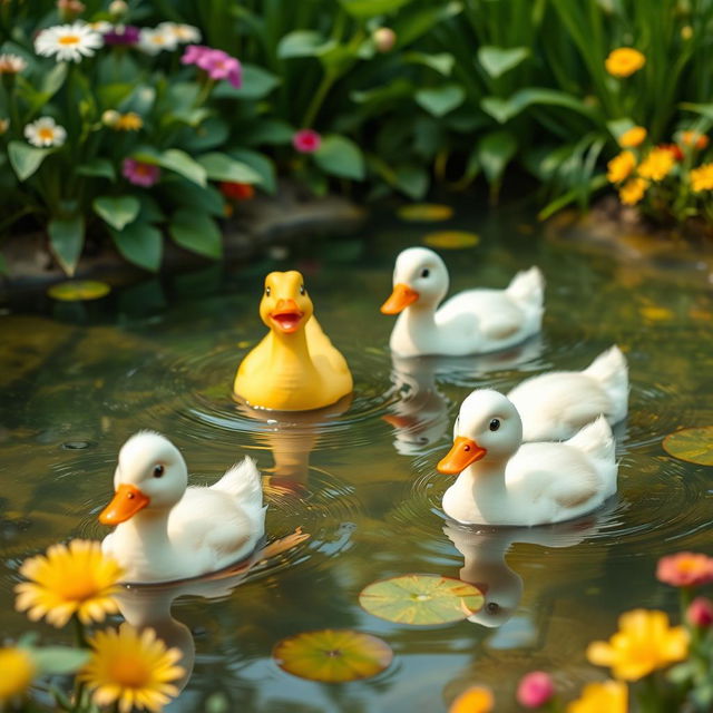 A cheerful scene with happy ducks swimming in a clear pond surrounded by lush greenery and colorful flowers