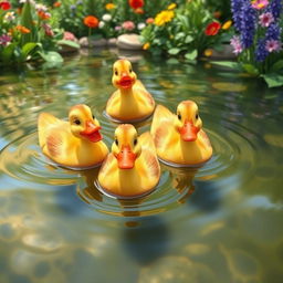 A cheerful scene with happy ducks swimming in a clear pond surrounded by lush greenery and colorful flowers