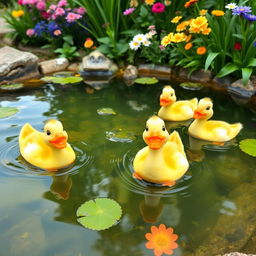 A cheerful scene with happy ducks swimming in a clear pond surrounded by lush greenery and colorful flowers