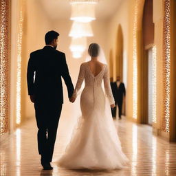 A groom with corny skin, dressed in an elegant black suit, tall and thin body, holds his bride in his arms