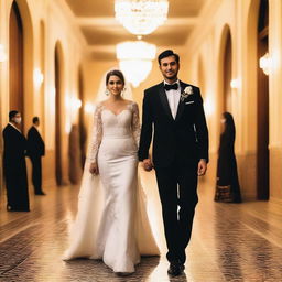 A groom with corny skin, dressed in an elegant black suit, tall and thin body, holds his bride in his arms