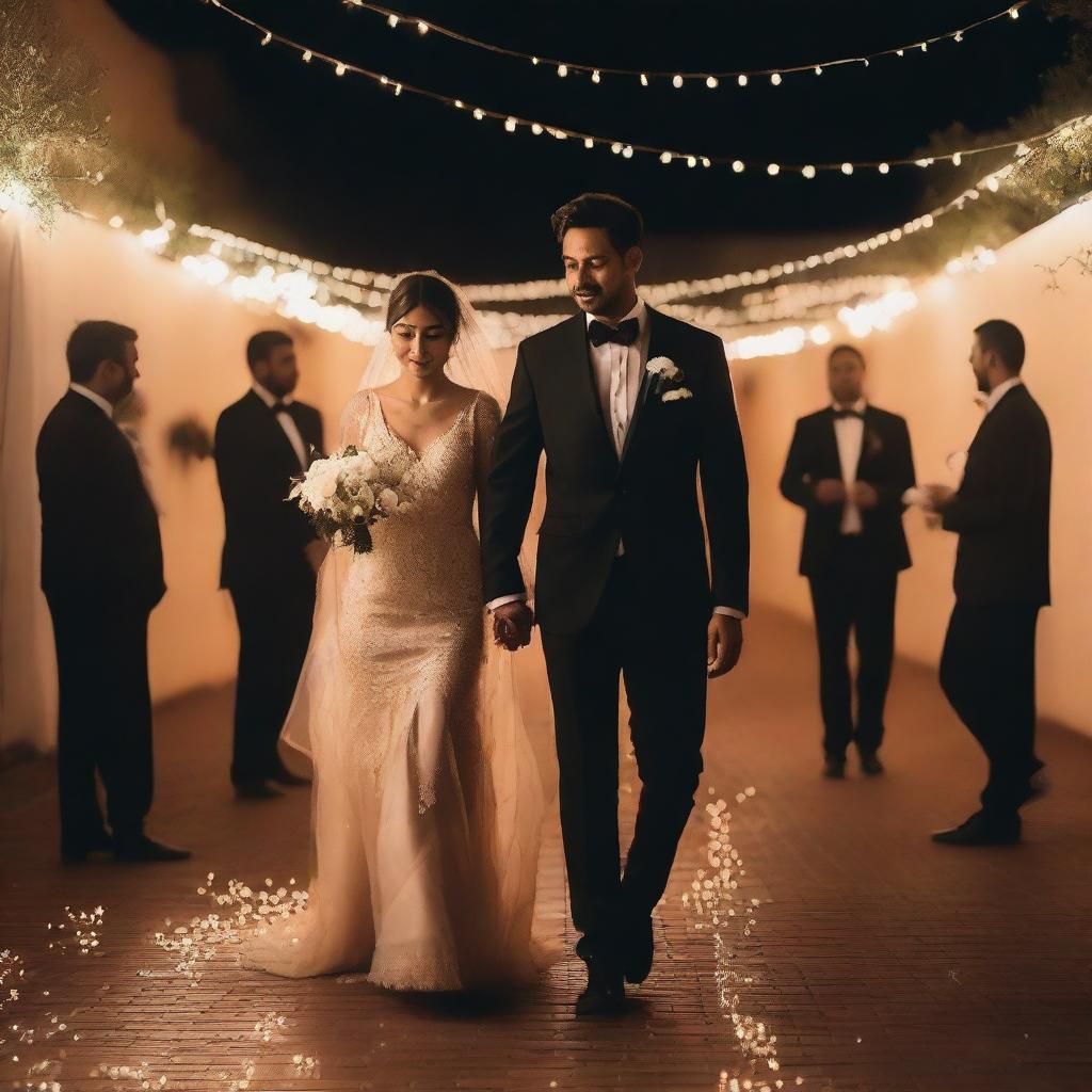 A brown groom in a black suit, walking with his veiled bride who is wearing a hidden white dress