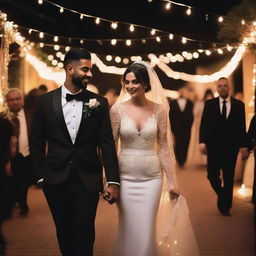 A brown groom in a black suit, walking with his veiled bride who is wearing a hidden white dress