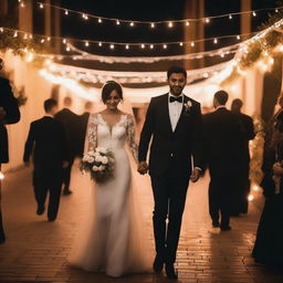 A brown groom in a black suit, walking with his veiled bride who is wearing a hidden white dress