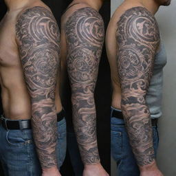 Create two complex, cohesive tattoo designs. One for the upper arm, featuring bold and striking elements, and another for the lower arm with more intricate and detailed design aspects. Both should connect to form a complete arm sleeve tattoo.