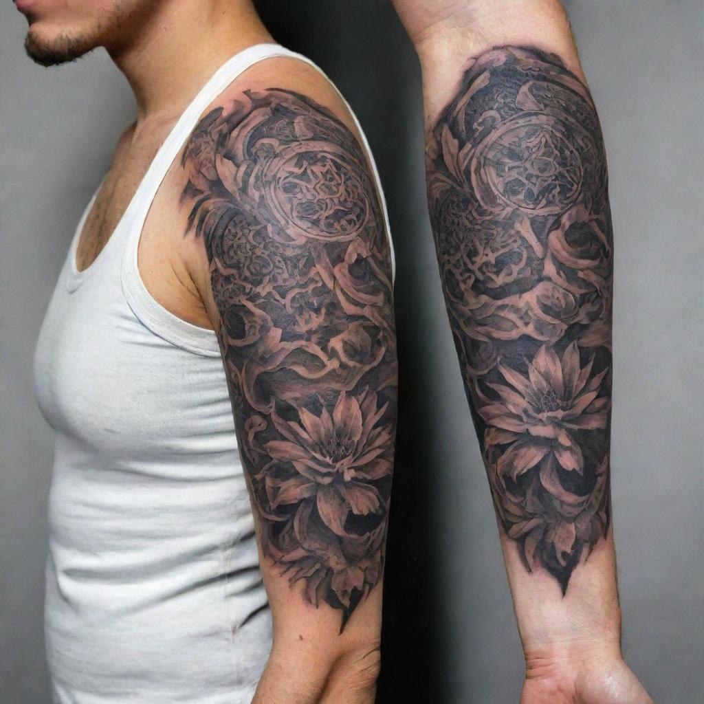 Create two complex, cohesive tattoo designs. One for the upper arm, featuring bold and striking elements, and another for the lower arm with more intricate and detailed design aspects. Both should connect to form a complete arm sleeve tattoo.