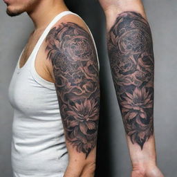 Create two complex, cohesive tattoo designs. One for the upper arm, featuring bold and striking elements, and another for the lower arm with more intricate and detailed design aspects. Both should connect to form a complete arm sleeve tattoo.