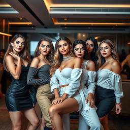 A group of attractive women posing in a stylish and elegant manner, with a focus on fashionable clothing and confident expressions