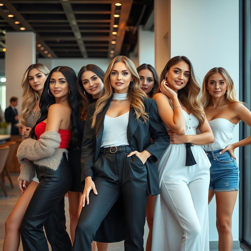 A group of attractive women posing in a stylish and elegant manner, with a focus on fashionable clothing and confident expressions