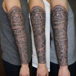 Create two complex, cohesive tattoo designs. One for the upper arm, featuring bold and striking elements, and another for the lower arm with more intricate and detailed design aspects. Both should connect to form a complete arm sleeve tattoo.