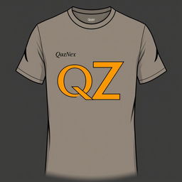 A T-shirt design featuring the letters Q and Z connected into one symbol, along with the inscription 'QazNex' at chest level on the left