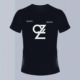 A T-shirt design featuring the letters Q and Z connected into one symbol, along with the inscription 'QazNex' at chest level on the left