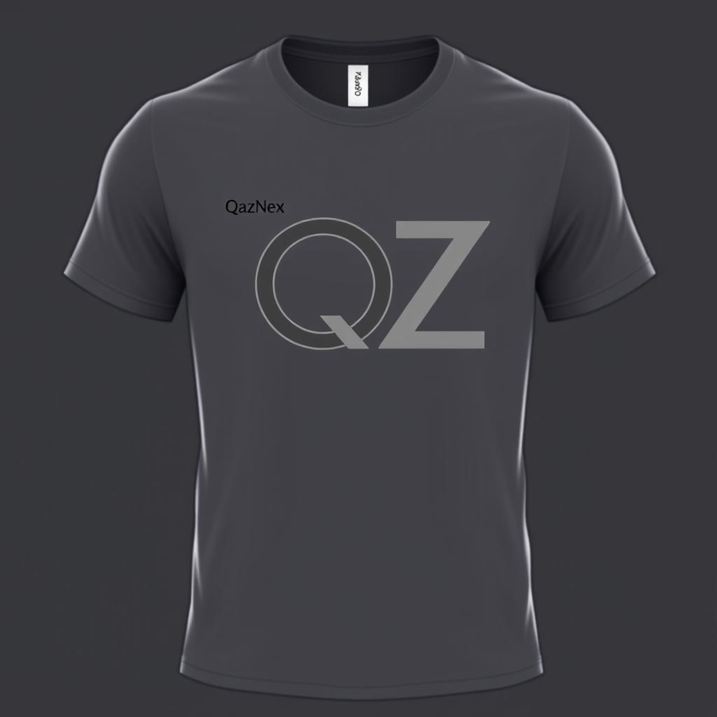 A T-shirt design featuring the letters Q and Z connected into one symbol, along with the inscription 'QazNex' at chest level on the left