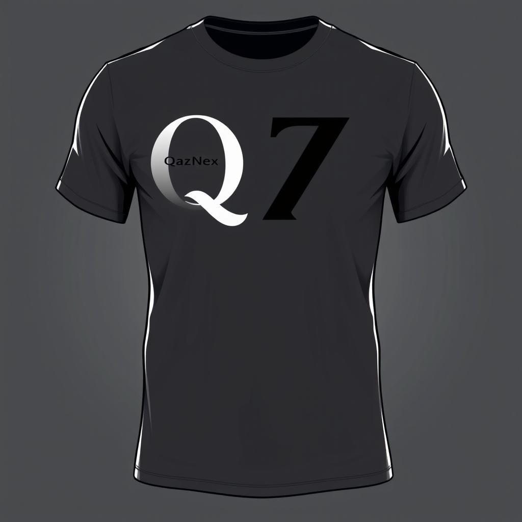 A T-shirt design featuring the letters Q and Z connected into one symbol, along with the inscription 'QazNex' at chest level on the left