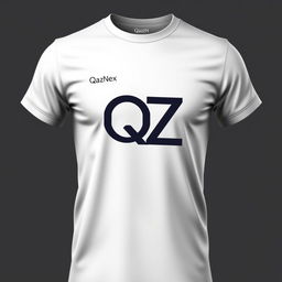 A T-shirt design featuring the letters Q and Z connected into one symbol, along with the inscription 'QazNex' at chest level on the left