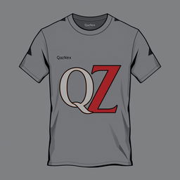 A T-shirt design featuring the letters Q and Z connected into one symbol, along with the inscription 'QazNex' at chest level on the left