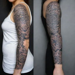 Create two complex, cohesive tattoo designs. One for the upper arm, featuring bold and striking elements, and another for the lower arm with more intricate and detailed design aspects. Both should connect to form a complete arm sleeve tattoo.