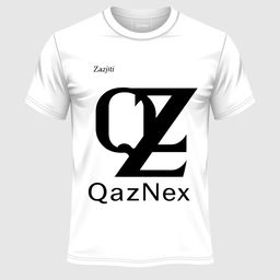 A T-shirt design featuring the letters Q and Z connected into one symbol, along with the inscription 'QazNex' at chest level on the left