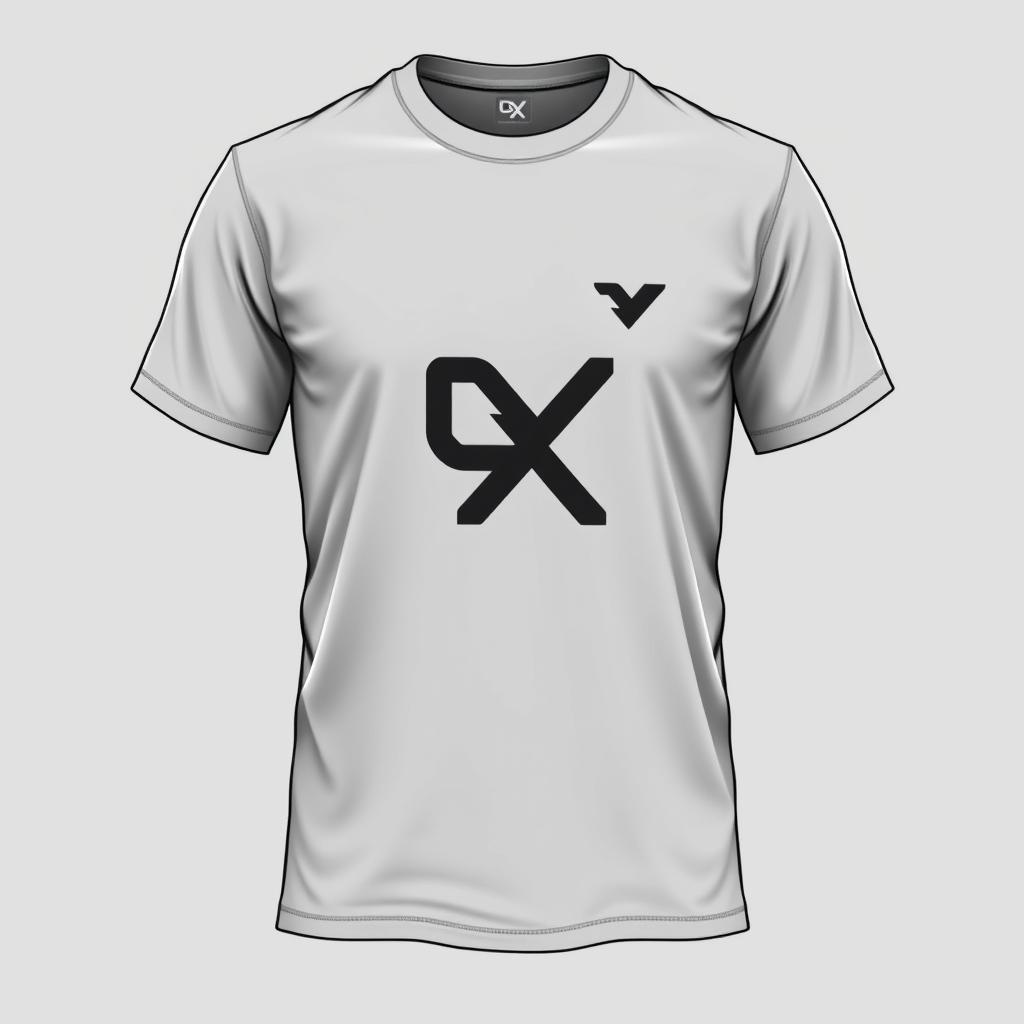 A T-shirt design featuring the letters Q and X connected into one symbol, along with the inscription 'QazNex' at chest level on the left