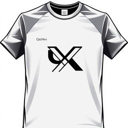 A T-shirt design featuring the letters Q and X connected into one symbol, along with the inscription 'QazNex' at chest level on the left