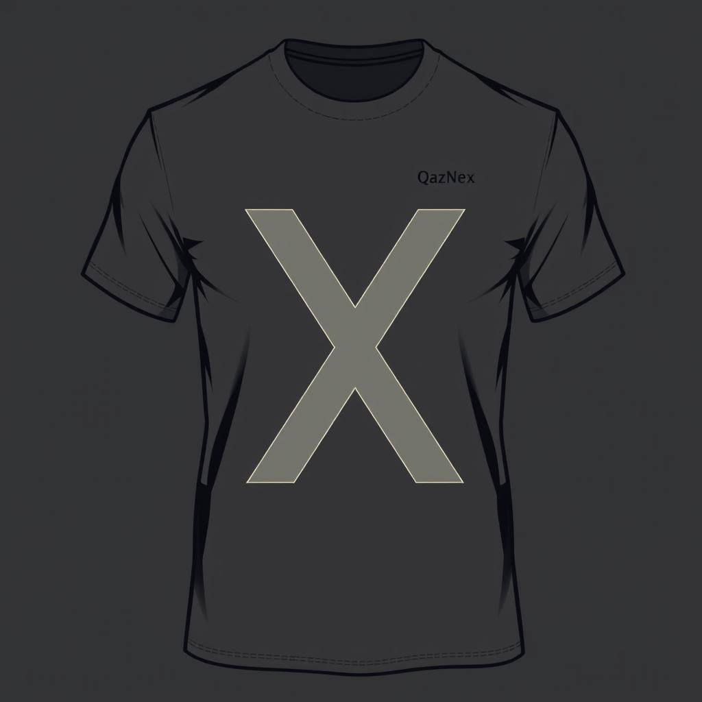 A T-shirt design featuring the letters Q and X connected into one symbol, along with the inscription 'QazNex' at chest level on the left