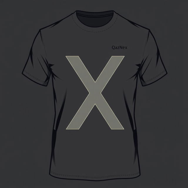 A T-shirt design featuring the letters Q and X connected into one symbol, along with the inscription 'QazNex' at chest level on the left